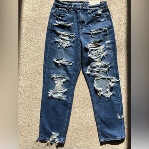 American Eagle Women's Mom Jeans Size 12 Distressed Medium Wash High Rise